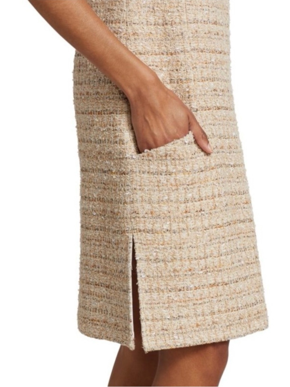 St. John New Sleeveless Tweed Knit Dress Jewel Neck Pockets Neutral Sz 8 $1,495 - Picture 7 of 16